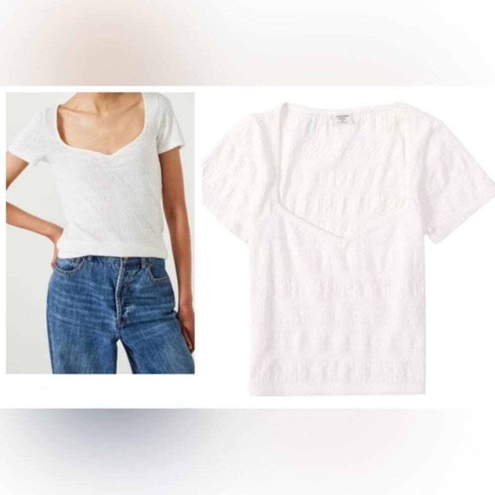 A&F NEW Short Sleeve Textured Sweetheart Crop Top Stretch Lightweight Cotton M